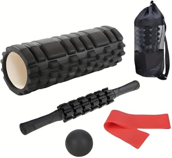5-in-1 Foam Roller Set for Deep Tissue Massage – High-Density Foam Roller, Massage Stick, Massage Ball, Resistance Band for Muscle Recovery, Yoga, Pilates, and Fitness Training